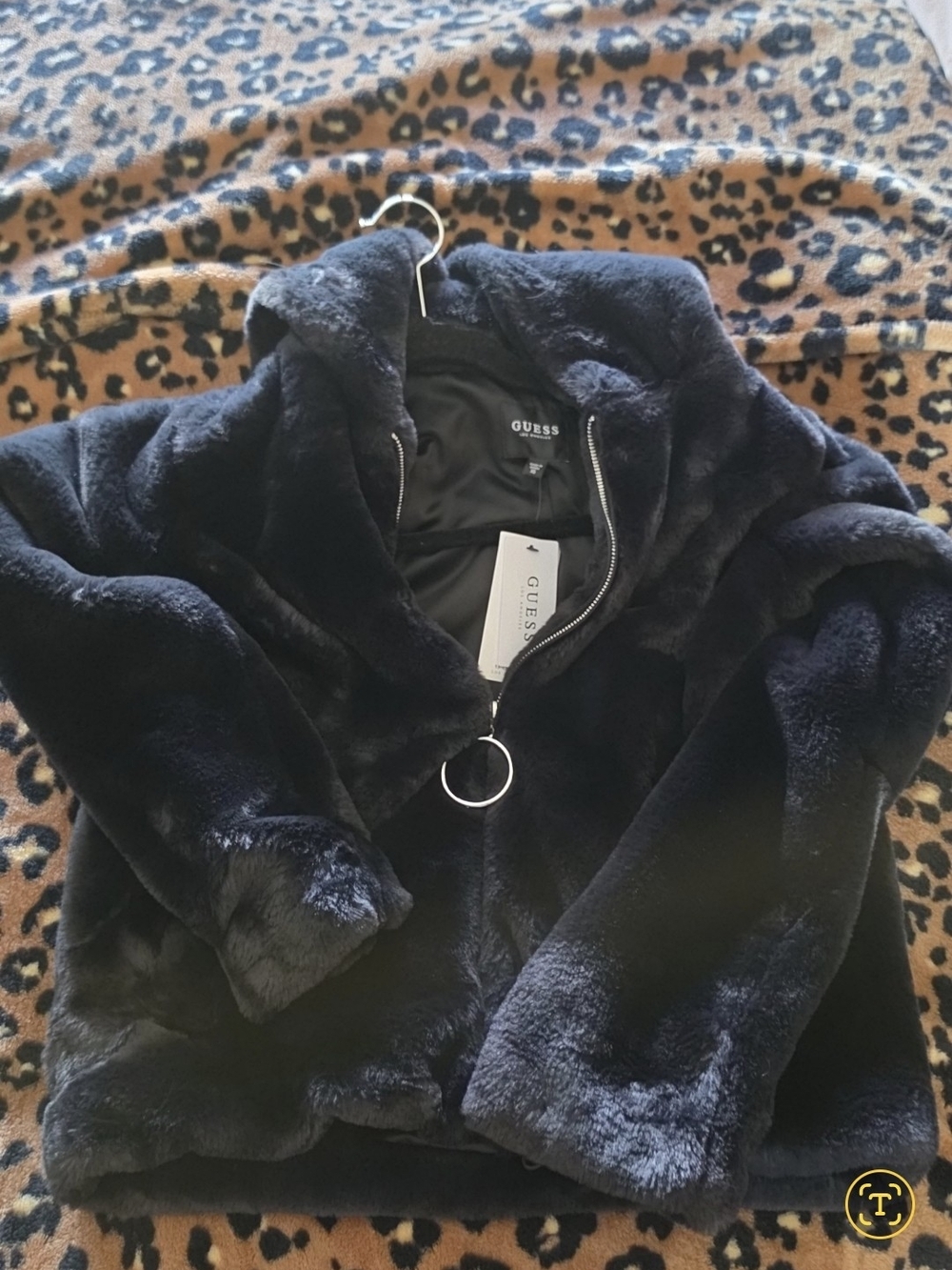 GUESS Black Faux Fur Teddy Jacket with Ring-Zip